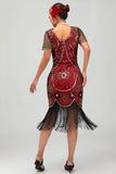Vestido ajustado con flecos negro y rojo Gatsby de los años 20 con lentejuelas