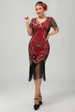 Vestido ajustado con flecos negro y rojo Gatsby de los años 20 con lentejuelas