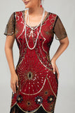 Vestido ajustado con flecos negro y rojo Gatsby de los años 20 con lentejuelas
