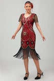 Vestido ajustado con flecos negro y rojo Gatsby de los años 20 con lentejuelas