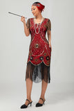Vestido ajustado con flecos negro y rojo Gatsby de los años 20 con lentejuelas
