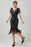 Vestido ajustado con flecos negro y rojo Gatsby de los años 20 con lentejuelas