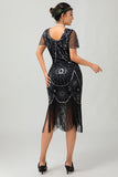 Vestido ajustado con flecos negro y rojo Gatsby de los años 20 con lentejuelas