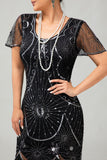 Vestido ajustado con flecos negro y rojo Gatsby de los años 20 con lentejuelas