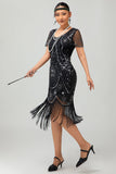 Vestido ajustado con flecos negro y rojo Gatsby de los años 20 con lentejuelas