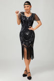 Vestido ajustado con flecos negro y rojo Gatsby de los años 20 con lentejuelas