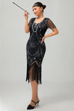 Vestido ajustado con flecos negro y rojo Gatsby de los años 20 con lentejuelas