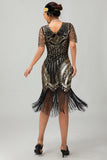 Vestido corto corto con flecos y flecos negro rojo brillante de los años 20 con flecos