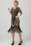 Vestido corto corto con flecos y flecos negro rojo brillante de los años 20 con flecos
