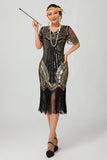 Vestido corto corto con flecos y flecos negro rojo brillante de los años 20 con flecos