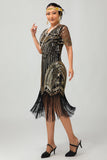 Vestido corto corto con flecos y flecos negro rojo brillante de los años 20 con flecos