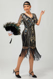 Vestido ajustado de lentejuelas doradas negras de la década de 1920 con conjunto de accesorios de 5 piezas