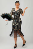 Vestido de lentejuelas verde oscuro con flecos de la década de 1920 con conjunto de accesorios de 4 piezas