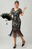 Vestido ajustado de lentejuelas doradas negras de la década de 1920 con conjunto de accesorios de 5 piezas