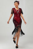 Vestido corto corto con flecos y flecos negro rojo brillante de los años 20 con flecos