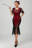 Vestido corto corto con flecos y flecos negro rojo brillante de los años 20 con flecos