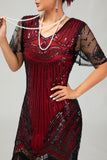 Vestido corto corto con flecos y flecos negro rojo brillante de los años 20 con flecos