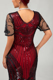 Vestido corto corto con flecos y flecos negro rojo brillante de los años 20 con flecos