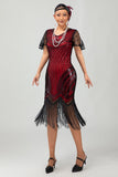 Vestido corto corto con flecos y flecos negro rojo brillante de los años 20 con flecos