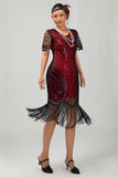 Vestido corto corto con flecos y flecos negro rojo brillante de los años 20 con flecos