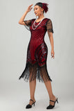 Vestido corto corto con flecos y flecos negro rojo brillante de los años 20 con flecos