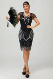 Vestido corto de lentejuelas Gatsby de plata negra de los años 20 con flecos