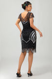 Vestido corto de lentejuelas Gatsby de plata negra de los años 20 con flecos