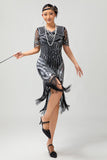 Vestido corto corto con flecos y flecos negro rojo brillante de los años 20 con flecos