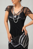 Vestido corto de lentejuelas Gatsby de plata negra de los años 20 con flecos