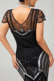 Vestido corto de lentejuelas Gatsby de plata negra de los años 20 con flecos
