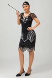 Vestido corto de lentejuelas Gatsby de plata negra de los años 20 con flecos