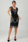 Vestido corto de lentejuelas Gatsby de plata negra de los años 20 con flecos
