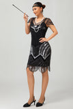 Vestido corto de lentejuelas Gatsby de plata negra de los años 20 con flecos