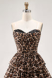 Vestido de cóctel corto con volantes en capas y corsé de novia de leopardo marrón