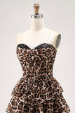 Vestido de cóctel corto con volantes en capas y corsé de novia de leopardo marrón