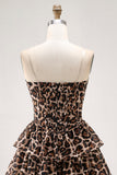 Vestido de cóctel corto con volantes en capas y corsé de novia de leopardo marrón