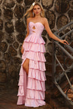 Vestido largo de graduación con recorte de cuentas y corte de bolas rosa rosa con volantes A