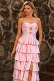 Vestido largo de graduación con recorte de cuentas y corte de bolas rosa rosa con volantes A