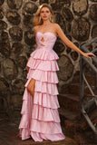 Vestido largo de graduación con recorte de cuentas y corte de bolas rosa rosa con volantes A