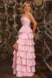 Vestido largo de graduación con recorte de cuentas y corte de bolas rosa rosa con volantes A
