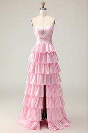 Vestido largo de fiesta con volantes y cuentas rosas Sweetheart A Line