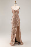 Vestido largo de graduación rosa brillante, sin tirantes y lentejuelas, con abertura