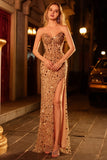 Vestido largo de graduación rosa brillante, sin tirantes y lentejuelas, con abertura
