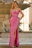Vestido largo de graduación rosa brillante, sin tirantes y lentejuelas, con abertura