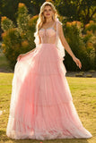 Vestido largo de graduación rosa con volantes y corsé con cuentas, encaje en la espalda