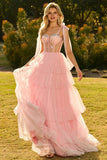 Vestido largo de graduación rosa con volantes y corsé con cuentas, encaje en la espalda