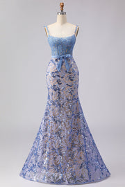 Corsé gris azul sirena con vestido largo de graduación con lazos y lazo