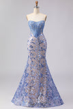 Corsé Sirena sin tirantes gris azul, vestido largo de baile con lentejuelas