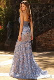 Corsé Sirena sin tirantes, vestido largo bordado en gris azul con lentejuelas