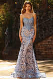 Corsé Sirena sin tirantes, vestido largo bordado en gris azul con lentejuelas